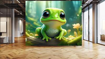 Cute little green baby frog 3d, illustration.  Wall mural