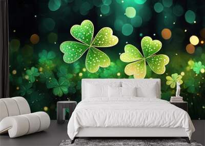 Glowing neon saint Patrick's day shamrock dark background, illustration. Wall mural