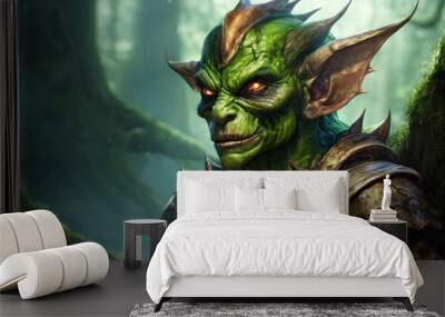 Green goblin fantasy portrait n the dark woods, illustration. Wall mural