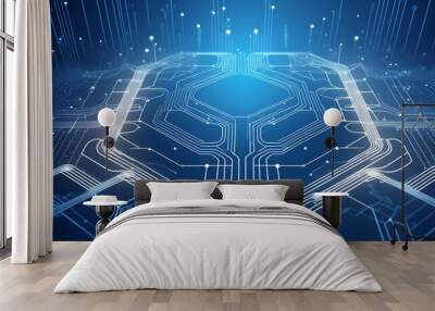 Hi tech digital circuit board, on blue lighting background, illustration.  Wall mural