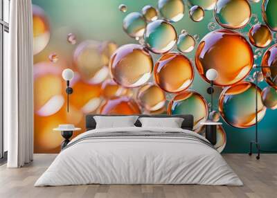 Orange bubbles with gradient bokeh light, on light green background, illustration. Wall mural