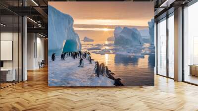 penguin colony with sunrise glistening off frozen icebergs. Wall mural