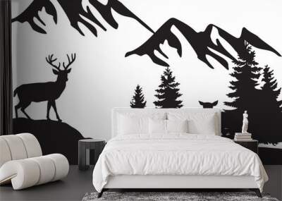 Silhouette-Mountain and Deer-Black White Wall mural