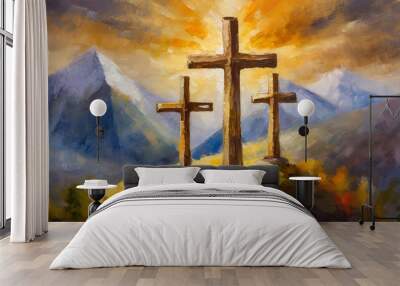 Three crosses oil painting of the crucifixion of Jesus Christ, illustration. Wall mural