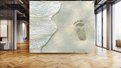 traces of feet on the sand. Texture background Footprints of human feet on the sand near the water on the beach Wall mural