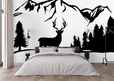 Vector-Silhouette-Mountain and Deer Black White 2 Wall mural