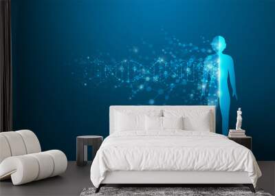 Concept of fusion of DNA and physical network molecules. human body connection, futuristic blue background Wall mural