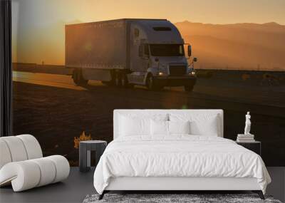 American style truck on freeway pulling load. Transportation theme Wall mural