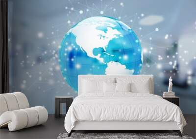 Abstract digital logistics, delivery and transportation hologram with globe and network on office background. Wall mural