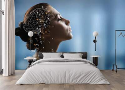 AI Artificial Intelligence concept. Young woman with brain icon Wall mural