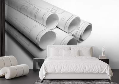 Architectural blueprints and blueprint rolls on white background. Wall mural