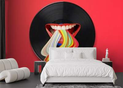 Art style. Contemporary art collage of vinyl record with rainbow path. Concept of art, music, fashion, party. Wall mural