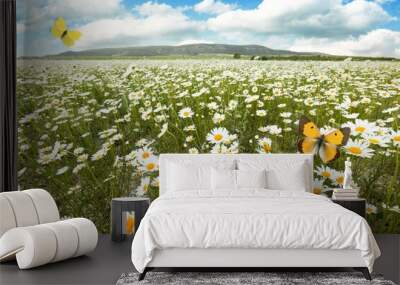 Beautiful fresh flowers with fluttering butterflies in summer in nature Wall mural