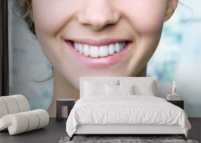 Beautiful wide smile of young fresh woman with great healthy white teeth. Isolated over background Wall mural