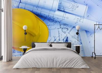 Blueprints construction and a yellow hardhat with a compass Wall mural