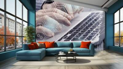 Business hands working on laptop computer at office with digital diagram, personal data, financial graph interfaces network technology icons, virtual screen. business intelligence Wall mural