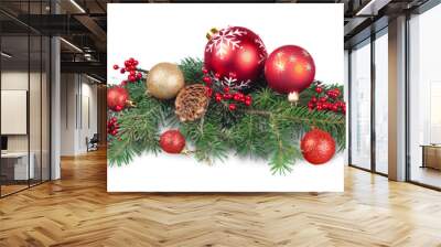 Christmas decorations with  tree branches and  baubles  isolated on white background Wall mural