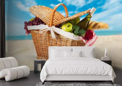 Classic picnic basket with a wine bottle Wall mural