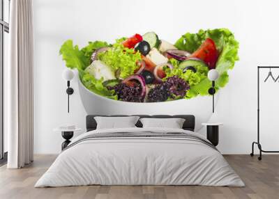 Close-up photo of fresh salad with vegetables in white plate Wall mural