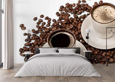 Coffee cups and coffee beans on wooden background Wall mural