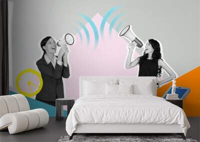 Collage photo of two friends scream loudspeakers Wall mural