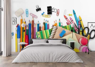 Colorful school supplies on white background Wall mural