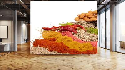 Composition of various spices on white background Wall mural