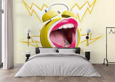 Contemporary art collage. Giant mouth in alarm clock shouting, waking up. Concept of creativity, surrealism, artwork, fun, morning, imagination, ad Wall mural