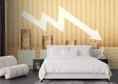 Cost reduction, coins stacking with arrow. Wall mural