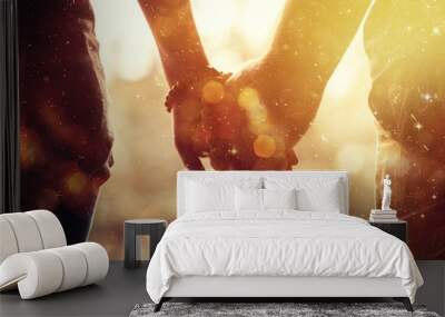 Couple praying together. Holding rosary in hand. Wall mural