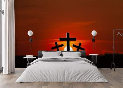 Crucifixion and resurrection, crosses against the sunset background Wall mural