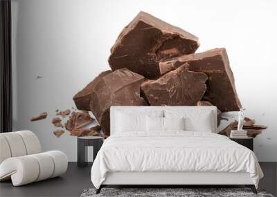 Dark chocolate blocks and bieces isolated on white background Wall mural