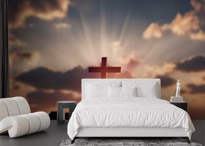 Dark wooden cross above the bright sky Wall mural