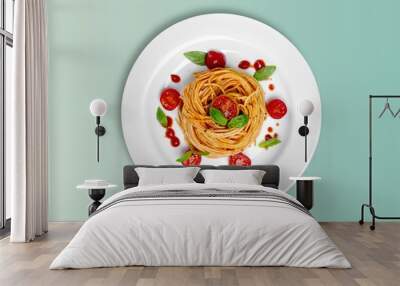 Delicious pasta on white plate on  background Wall mural