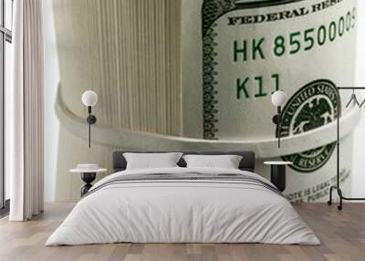 Dollar roll tightened with band. Rolled money isolated on white Wall mural