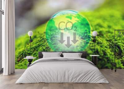 Ecological sustainability concept. virtual earth on a field and reducing carbon dioxide emissions to the atmosphere Wall mural