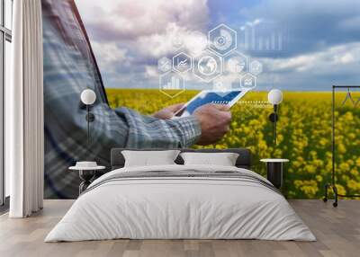 Farmer using digital tablet computer and modern interface icons, Business agriculture technology concept. Wall mural