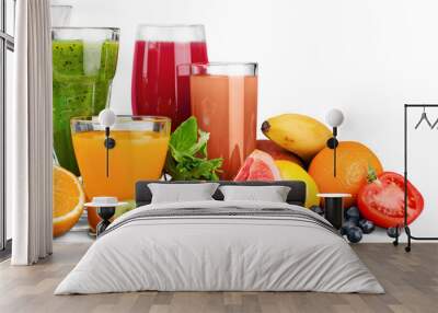 Fresh ripe healthy fruits and juices in glasses Wall mural