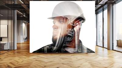 Future factory concept. Worker man in hard hat Wall mural