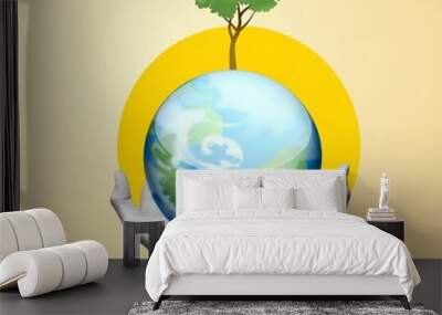 Hand holding earth with green tree Wall mural