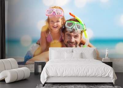 Happy father and his sweet little daughter at beach Wall mural