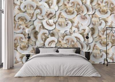 Heap of tasty fresh champignons, mushrooms background Wall mural