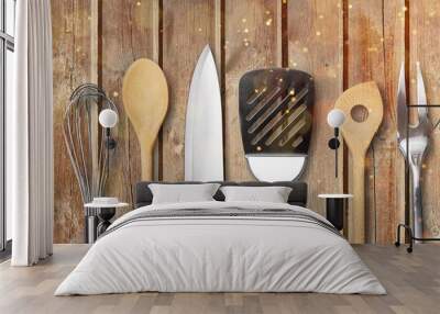 Kitchen metal and wooden utensil on  background Wall mural