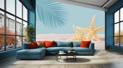 Modern product display with starfish, seashell and tropical palm leaf shadow. Suitable for Product Display and Business Concept. Wall mural