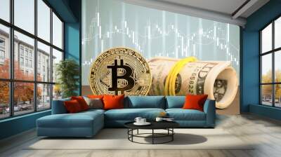 New metal shiny bitcoin crypto currency coins on money bills. global economy market. Wall mural