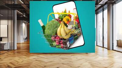 Online shopping app concept, grocery and smartphone Wall mural