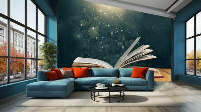 Open book on old wooden table Wall mural