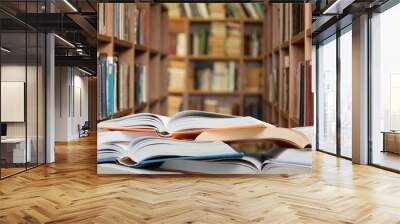 Open books collection on a library background. Wall mural