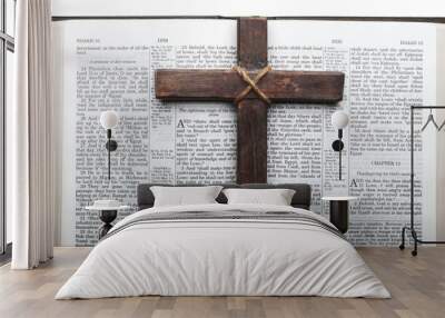 Open Holy Bible and wooden cross Wall mural