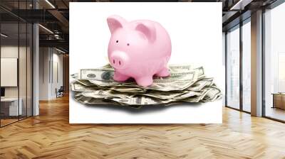 Pink piggy bank on dollars bills on white background Wall mural